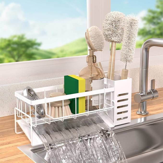 304 Stainless Steel Over Sink Caddy Sponge Soap Organizer White | Auto sloped drainage with removable tray, 3 divided spaces for sponge & soap, rustproof steel, no installation needed by NETMEYA
