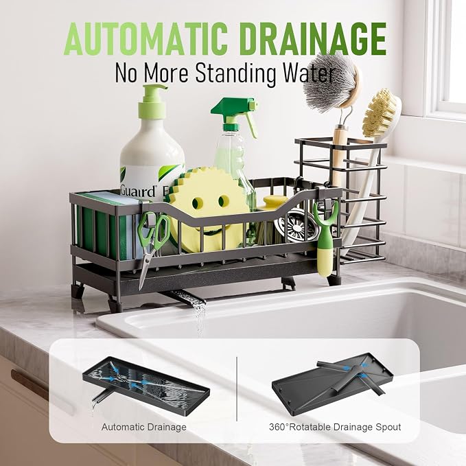 Sponge Holder for Kitchen Sink, Kitchen Sink Caddy with Long-Handled Dish Brushes Holder, 304 Rustproof Stainless Steel Countertop Organizers and Storage, Home Kitchen Sink Accessories (Black) - Image 3