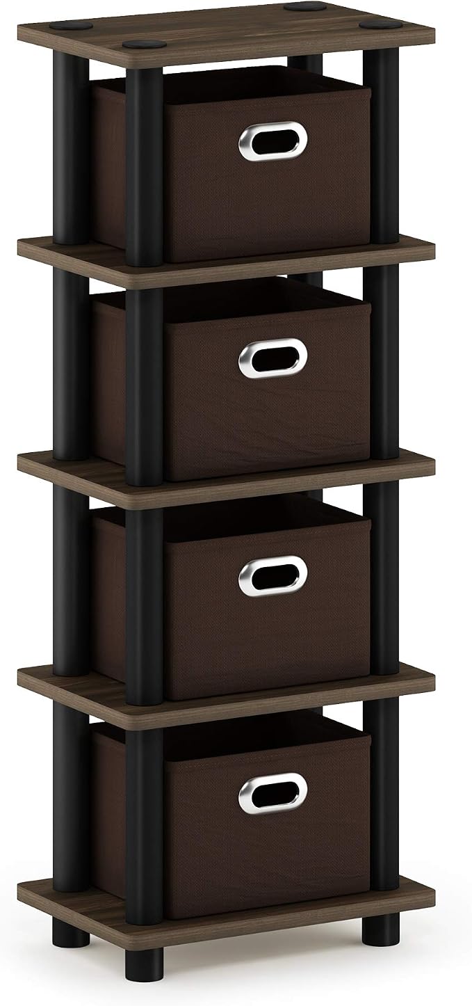 Furinno Turn-N-Tube Toolless 4-Tier Storage Shelves, Columbia Walnut | Narrow Open Frame Book Shelf with Storage Bins, for Organization, for Living Room, Garage, Home Office by Furinno-FitsYourSpaceFitsYourBudget