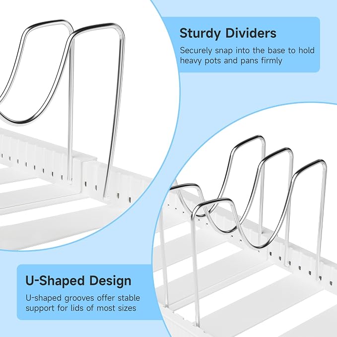 MUDEELA Pots and Pans Organizer under Cabinet, Pan Pot Organizer Inside Cabinet, Expandable 12.9''-21.88'' Pot Lid Organizer Holder with 12 Adjustable Dividers for Cutting Boards, Pan Lid Rack, White - Image 6