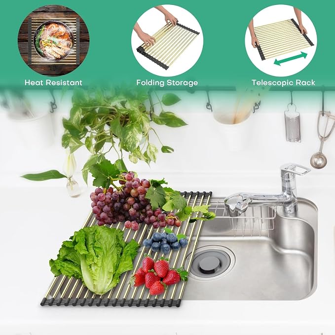 Expandable Roll Up Dish Drying Rack, Adjustable Large Over The Sink Rack Draining Rack (Max Extends to 21.26”) for Stainless Steel Sink Rack, Collapsible Rolling Up Rack 18 Tube for Kitchen, Gold - Image 5