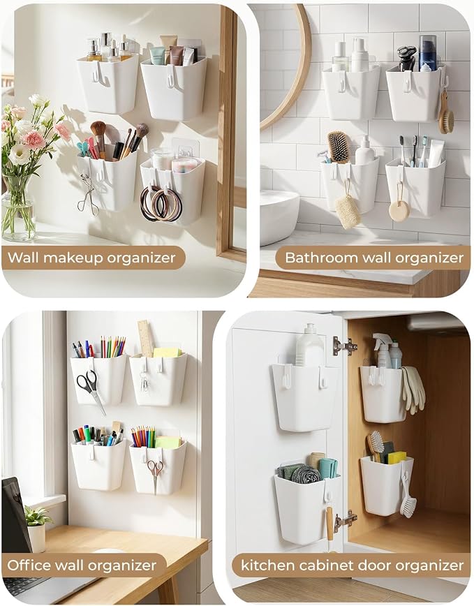 4 Pack Rolling Cart Accessories, White Craft Cart Cup Holder and 6 Hooks for Utility Carts Accessories, Adhesive Kitchen Cabinet Door Storage, Space-Saving Wall Mount Organizer for Bathroom, Office - Image 6