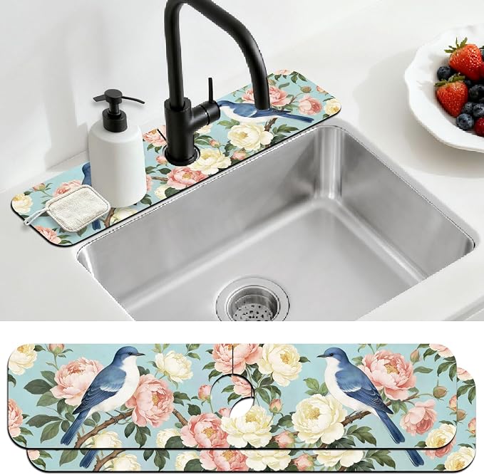 2 Pcs Kitchen Sink Splash Guard Faucet Mat Bluebird Faucet Mat for Sinks Peony Pattern Absorbing Drying Mats for Kitchen Bathroom, 23.6x5.5inch by CONCHLERY%E6%97%97%E8%88%B0%E5%BA%97