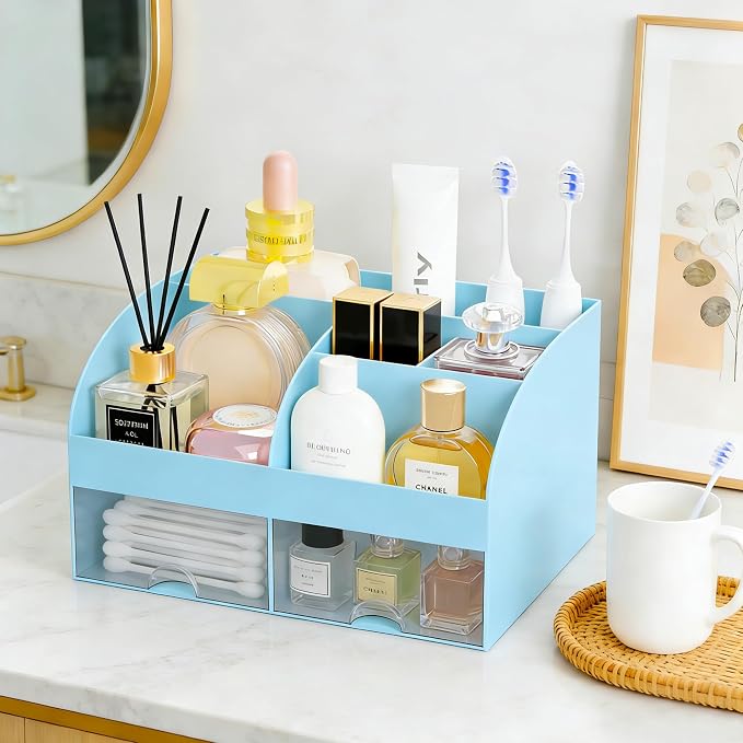 Makeup Organizer with 2 Drawers, Cosmetic Storage for Dresser Vanity and Bathroom Countertop,Make up organization and Skincare Storage with Beauty Brush Holder, Cosmetic Display Case (Blue) - Image 4