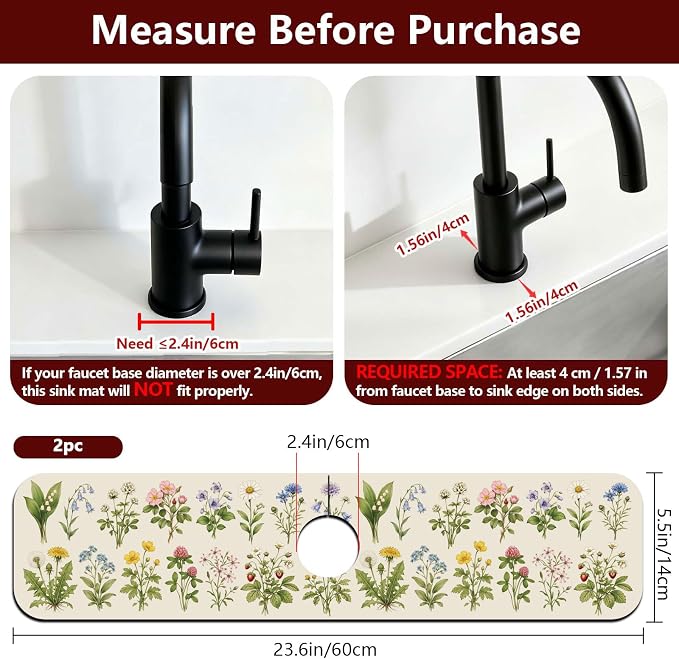 2 Pcs Flowers and Plants Kitchen Sink Splash Guard Faucet Mat for Sinks Absorbing Drying Mats for Kitchen Bathroom, 23.6x5.5inch - Image 2