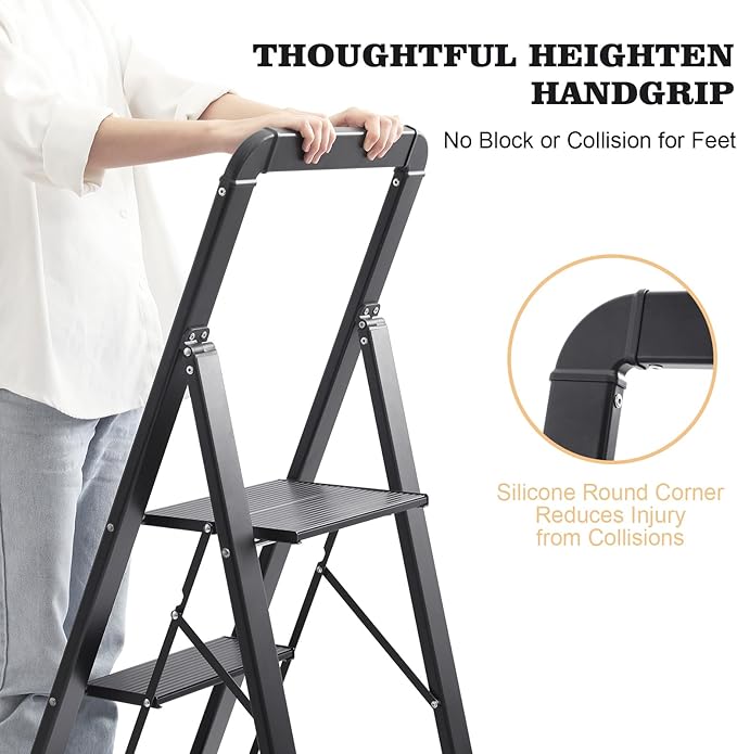 KINGRACK Aluminium 4 Step Ladder, Lightweight Step Stool with Non-Slip Pedals, Handrail, Foldable Step Ladder for Kitchen, Garage, Home, Space Saving, Sturdy and Portable, Black - Image 3