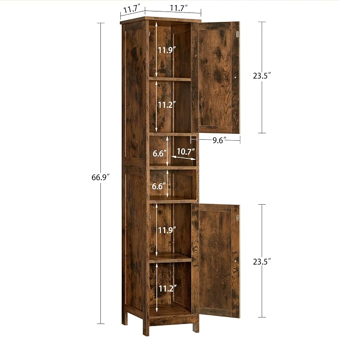 67" Tall Bathroom Cabinet with 2 Adjustable Shelves and 2 Doors, Narrow Bathroom Storage Cabinet for Small Space, Living Room, Entryway, Kitchen, Rustic Brown - Image 3