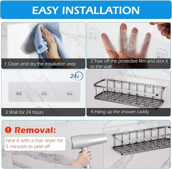 12 Pack Shower Caddy Adhesive Replacement, Shower Adhesive Strips, Strong Adhesive Hooks, Waterproof Sticker, No Drilling, for Bathroom Shelf and Kitchen Racks - Image 5