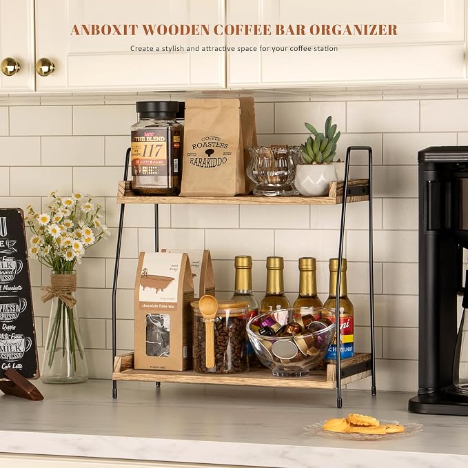 ANBOXIT Countertop Coffee Station Organizer, 2 Tier Wooden Shelf for Coffee Bar Accessories, Condiment Storage Caddy for Kitchen, Home, Office - Brown (Pack of 2) - Image 3