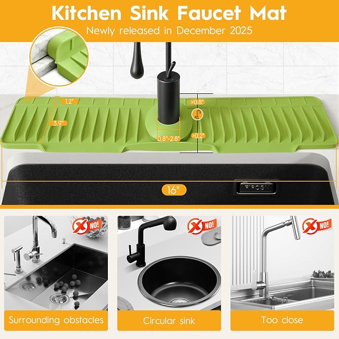 16" Silicone Faucet Mat for Kitchen Sink of The Lastest, Green | 8° Slope Fast Self-draining, Kitchen Sink Water Splash Guard, Behind Faucet Draining Mat, for Bathroom Kitchen Sink Area - Image 2