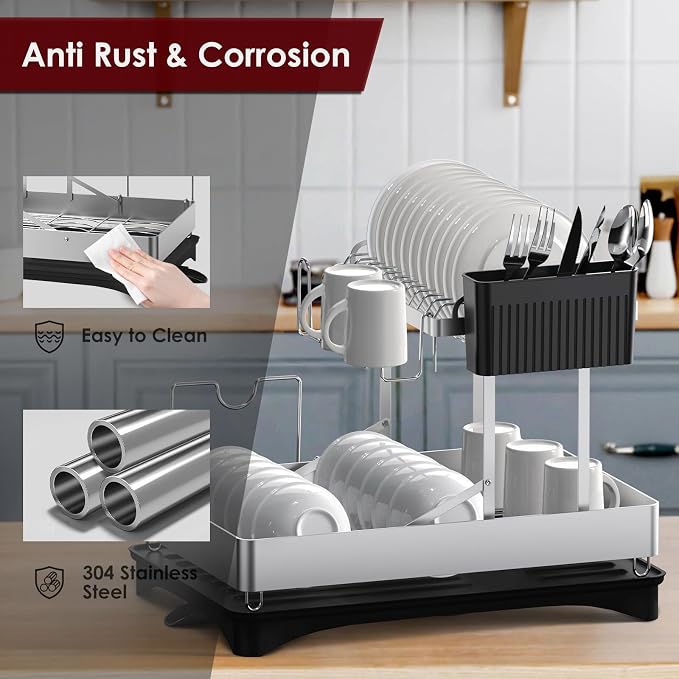Dish Drying Rack, 2 Tier Foldable Stainless Steel Dish Racks for Kitchen Counter, Multifunctional Large Dish Drainer with Rotatable Spout, Utensil Holder and Mug Holder, Silver Black - Image 4