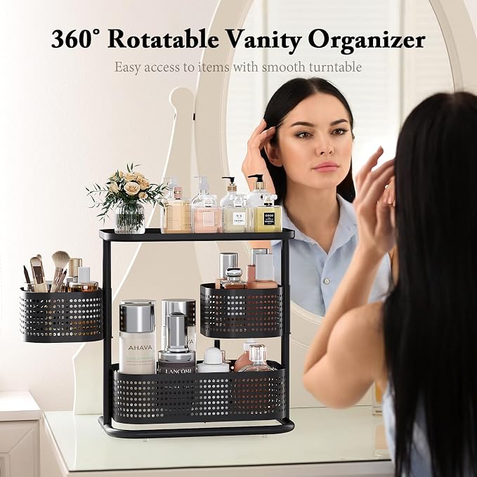 KINGRACK Metal Bathroom Counter Organizer，Rotating Countertop Storage Shelf | 3 Tier, Cosmetic Holder for Skincare & Makeup, Kitchen Spice Rack, Bedroom Nightstand Organizer, Black - Image 3