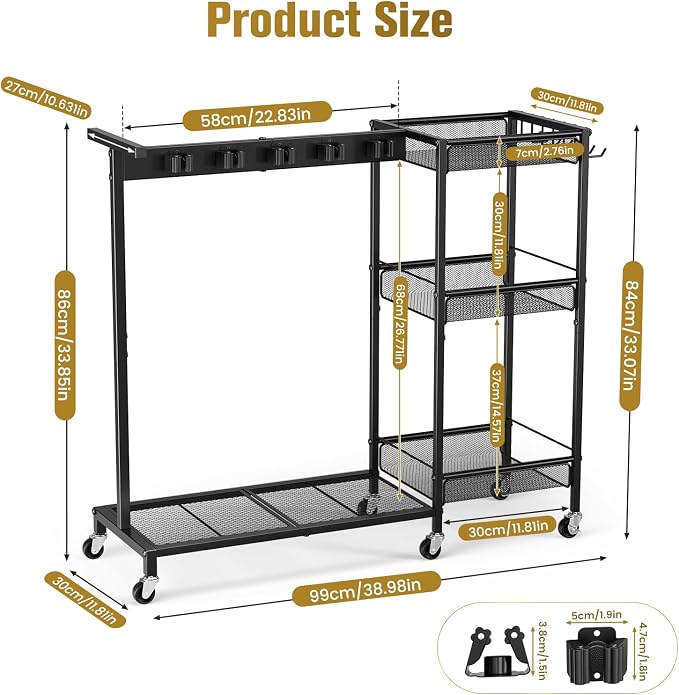 Broom Holder with Cleaning Supplies Organizer, Cleaning Utility Cart on Wheels, 10 Clips & 7 Hooks, 3-Tier Shelves, Broom Closet Storage Cabinet with Cleaning Caddy for Home Commercial Use - Image 3