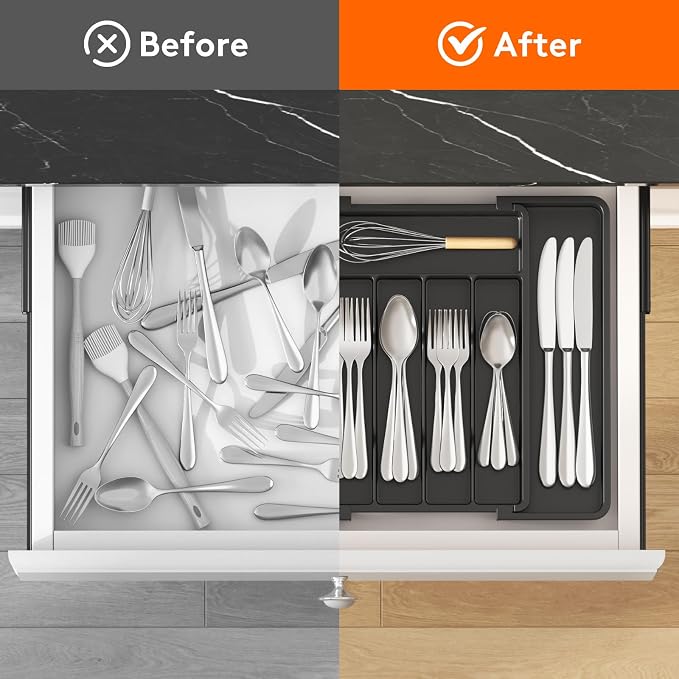 Lifewit Expandable Silverware Organizer, Plastic Utensil Tray for Kitchen Drawer, BPA Free Flatware Cutlery Holder, Space-Saving Storage for Spoons Forks Knives, 8-13.8 x 11.2 x 1.4 inch, Black - Image 4