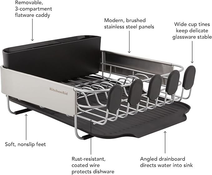 KitchenAid Compact, Space Saving Rust Resistant Dish Rack with Removable Flatware Caddy and Angled Self Draining Drainboard, 16.06-Inch, Black (Pack of 4) - Image 8