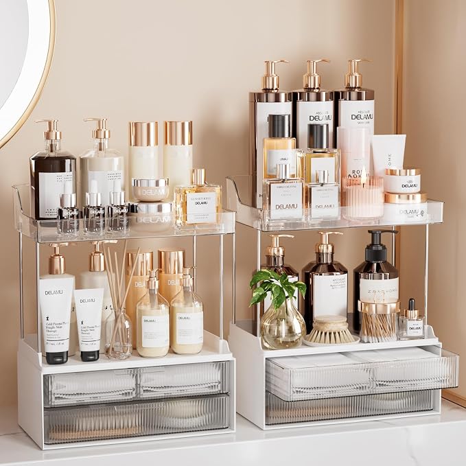 Delamu 4-Tier Makeup Organizer, Bathroom Counter, 2 Drawers,Clear 2Pack | Elegant Vanity Organizer Gift for Women, Holds Perfume, Skincare, Nail Polish & Hair Accessories for Bathroom Countertop by DELAMU