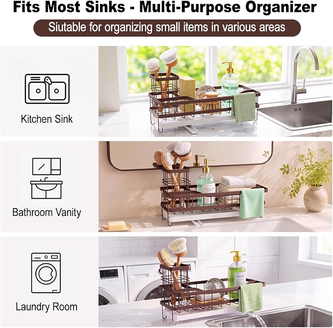 Sponge Holder for Kitchen Sink, Self-draining Sink Caddy with Towel Rack and Brush Holder, Metal Kitchen Countertop Organizers and Storage Essentials, Bronze - Image 9