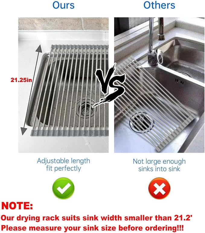CHIRISEN Expandable Roll Up Dish Drying Rack Large, Foldable Over The Sink Dish Drying Rack, Collapsible Stainless Steel Drainer Over Sink Dish Drying Rack for Kitchen Counter (Black, 21.25''x12.79'') - Image 6