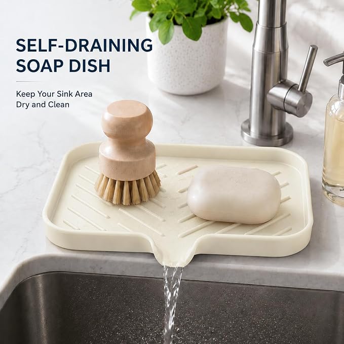 MicoYang Silicone Soap Dish with Drain Spout — Self-Draining Sink Organizer Tray for Bathroom & Kitchen, Sponges, Dispensers & Soap Holder, Non-Slip & Dishwasher Safe, Tapioca (Medium, 9.6"×5.3") - Image 7