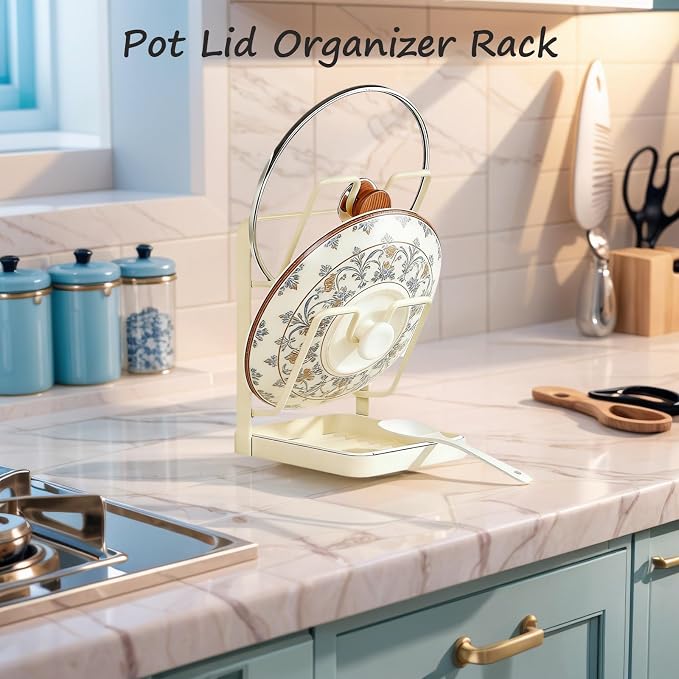 Kitchen Pot Lid Storage Rack, Pot Lid Holder While Cooking for Countertop | Stainless Steel Pot Lid Rack, Kitchen Countertop Organizer Removable Drip Tray, Lid Cutting Board Ladle Storage for Stove Top - Image 4