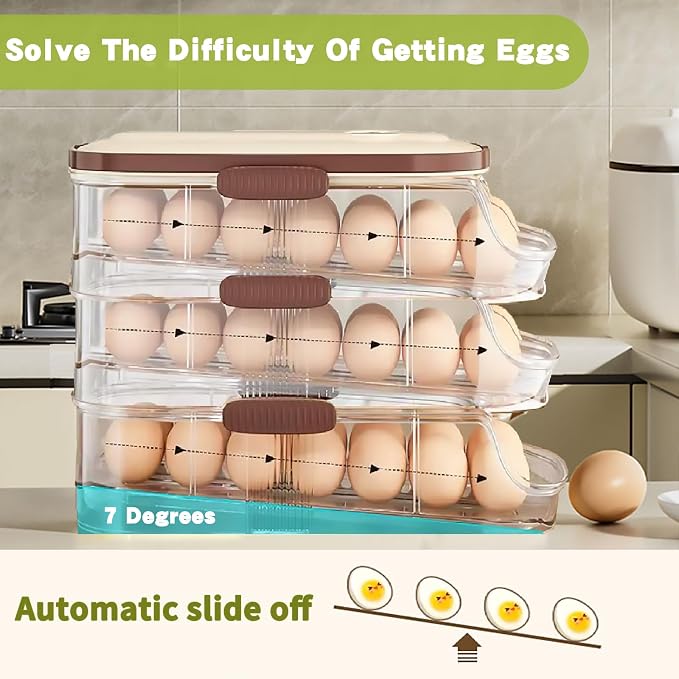 3-Tier Auto Rolling 42 Egg Holder for Fridge, Lid & Handle | Clear Stackable Refrigerator Organizer, 7-Degree Slope Dispenser, Timed Freshness, Detachable Height, Countertop Container - Image 6