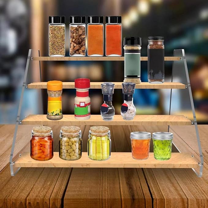 VAEHOLD Spice Rack Organizer for Cabinet & Countertop - Seasoning Organizer Spice Shelf - Space Saving Wooden Display Risers Shelf Showcase Fixtures Jewelry (4 Tier) (Pack of 2) - Image 3
