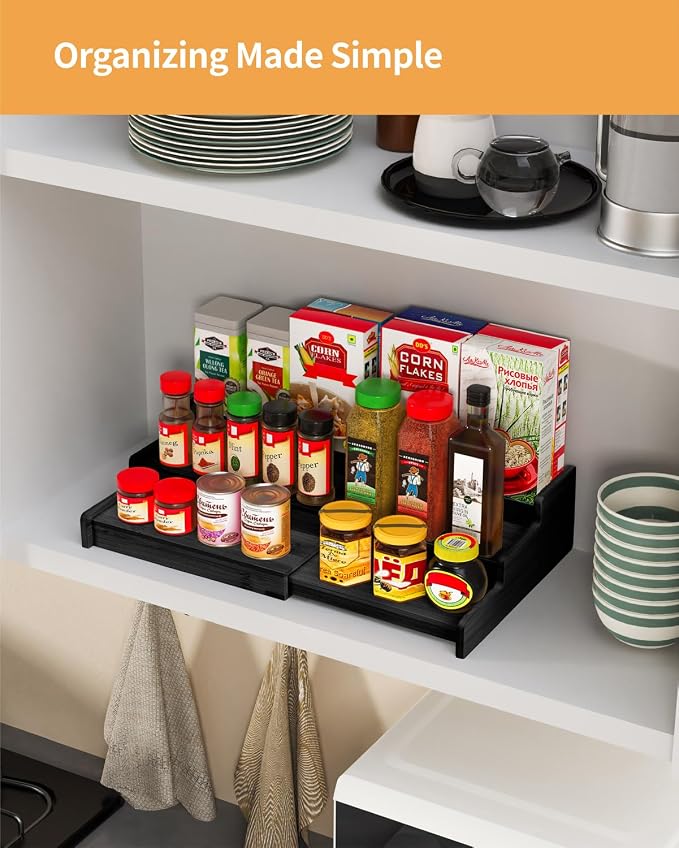Spice Rack 3-Tier Natural Bamboo, Adjustable Cabinet Organizer Shelf | Expands 8.7-15.6"cabinets. Stepped design, labels visible.Storage organizer saves space, easy wipe. For spices, jars,cans. - Image 7