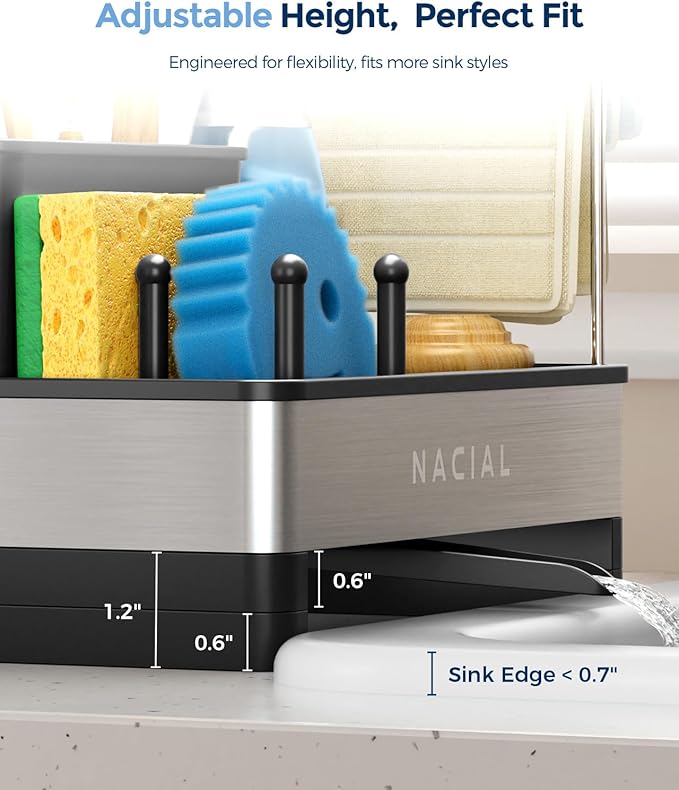 Nacial Kitchen Sink Organizer, Sink Caddy with Sponge & Tall Brush Holder | 304 Stainless Steel Kitchen Countertop Organizer with Double-Bar Towel Holder, Stores Sponge, Brush, Towel & Sink Essentials - Image 4