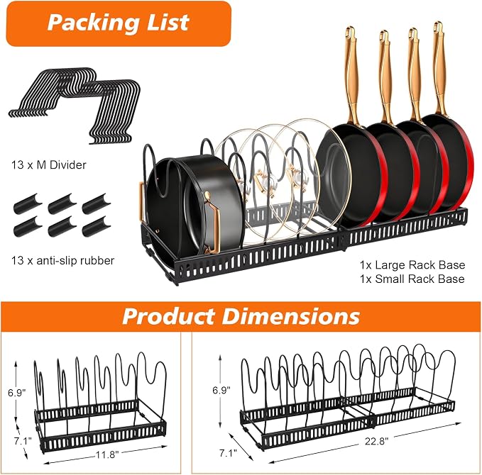 Expandable Pot Pan Lid Organizers inside Cabinet, 13 Dividers | Expandable 11.8–22.9", 13 Adjustable Dividers, Tool-Free Assembly, Non-Slip, For Pan Lid Cutting Board Bakeware-Black - Image 5