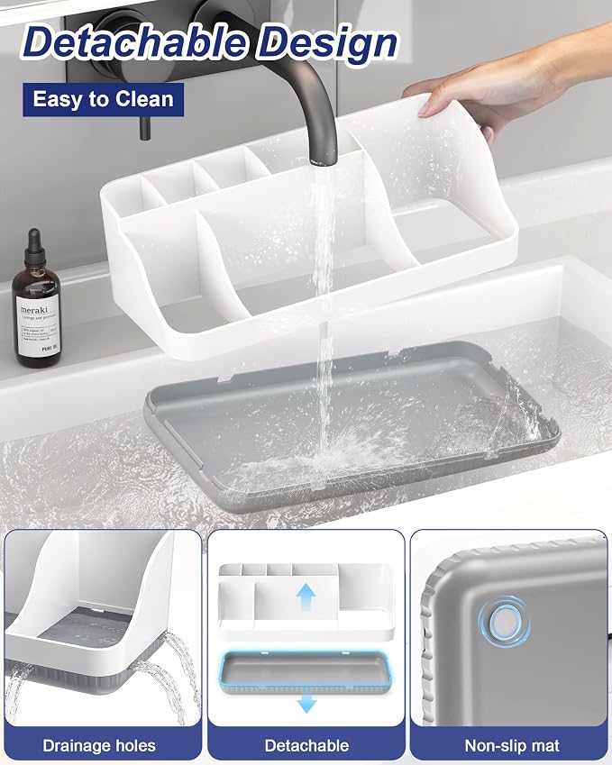Bathroom Counter Organizer and Storage with 2 Pack Qtip Holder Dispenser, 7 Slots Detachable Toothbrush Holders for Bathrooms, Anti-Slip Electric Toothbrush and Toothpaste Holder Countertop - Image 3
