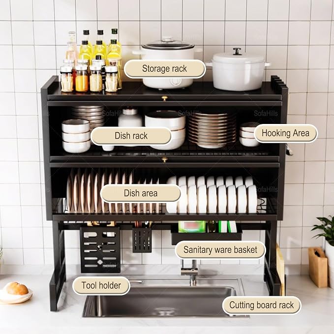 Over Sink Dish Drying Rack 2 Tier Stainless Steel Dish Drainer with Cover and Utensil Holders Large Capacity Space Saving Kitchen Organizer - Image 6