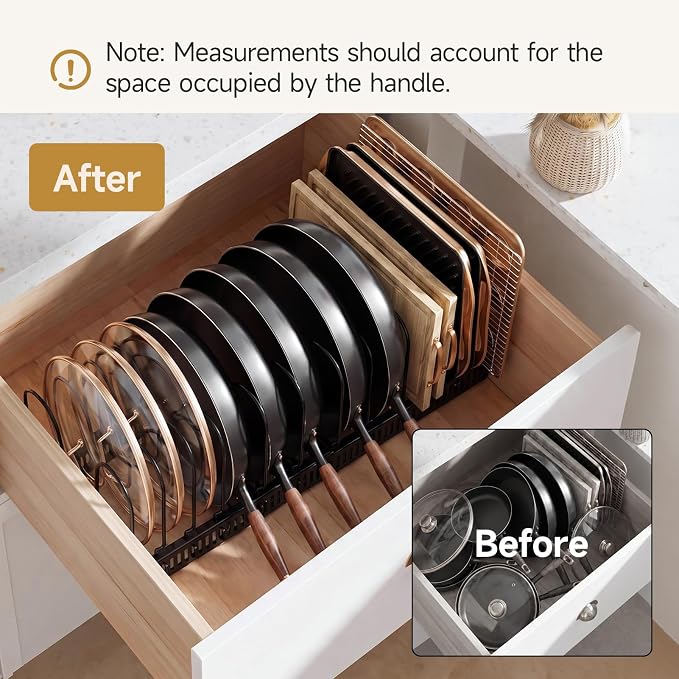 MUDEELA Pot Lid Organizer for Cabinet, Expandable Baking Pan Rack 14 Slots | 11.8–22.9" Expandable, 14 Adjustable Divider, Tool-Free Assembly, Non-Slip, Scratch-Proof, For Pan Lid Cutting Board Bakeware - Image 7