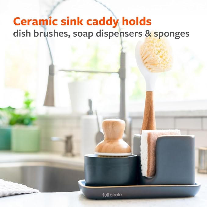 Full Circle Stash, Ceramic Kitchen Sink Caddy, Stylish Modular Sponge Holder & Dish Brush Organizer, Gray and White, 11" - Image 4