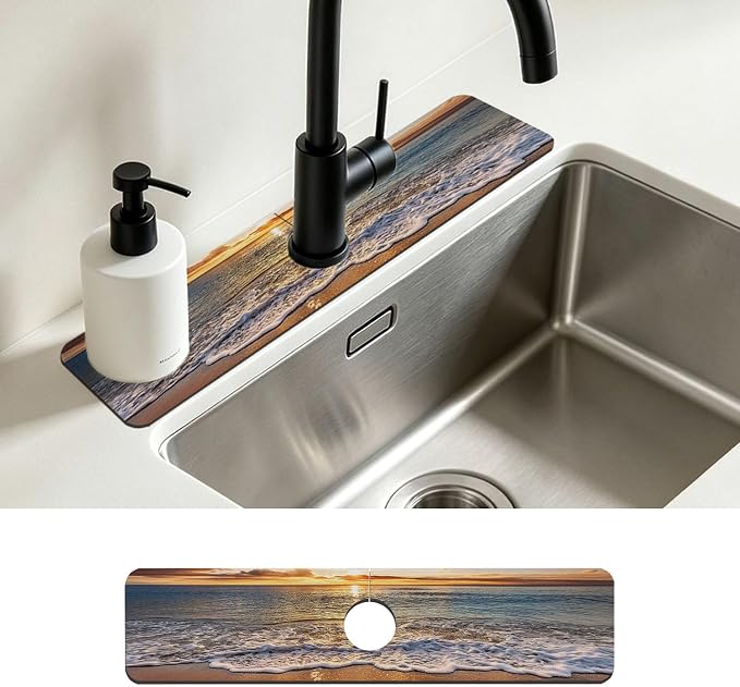 Faucet Mat for Kitchen Sink Seaside Scene Island Sink Splash Guard Behind Faucet Soft Diatom Mud Material Non-slip Easy to Clean for Bathroom & Kitchen 24"X5.5" by Unknown
