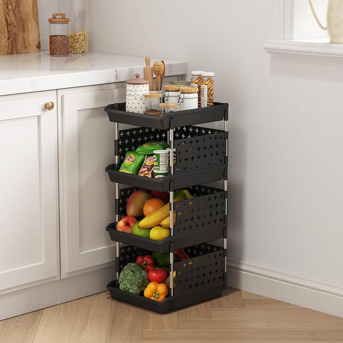 Lifewit 4 Tier Plastic Stackable Storage Baskets for Clothes 1 Pack, Black | Stacking Bins for Food, Multifunctional Organizer for RV, Kitchen, Playroom, Pantry and Bathroom - Image 2