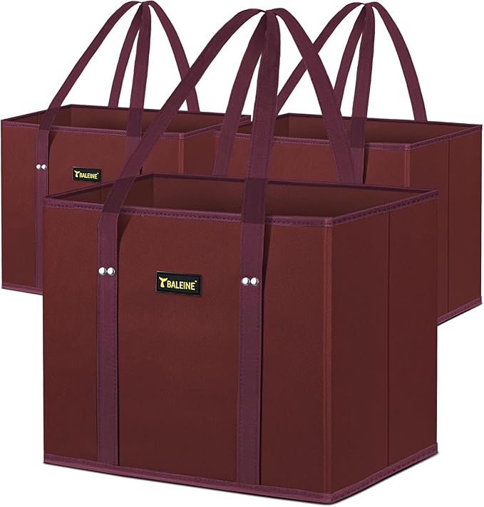 BALEINE 3PK Reusable Grocery Bags, Heavy Duty Shopping Tote Bag | 12'' Long Handles, Reinforced Bottom Keeps Upright, Fold Flat Storage, Water-Resistant Shopping Bag, Multiple Color Options by BALEINE