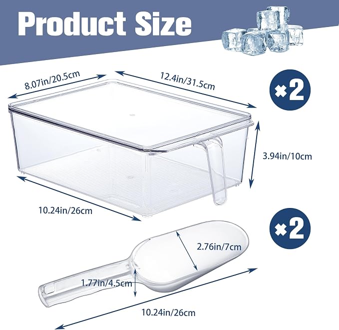 2 Sets Ice Storage Bin for Freezer,12.4 x 8.07 x 3.94 Inches | Plastic Ice Container with Flexible Scoop Lid and Handle for Home Office Fridge Storage - Image 2