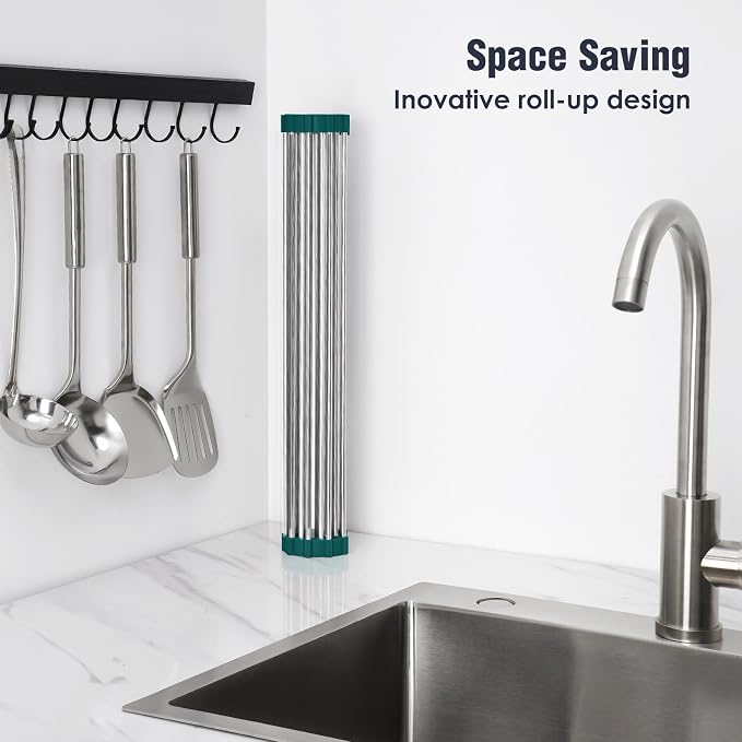 Tomorotec Roll Up Dish Drying Rack Over Sink,304 Steel,17.7x12.5,DarkGreen | Anti-Slip Silicone Rims For Grip, Heat-Resistant Trivet Mat Holding Heavy Cookware, Rustproof Kitchen Counter Space Saver - Image 3