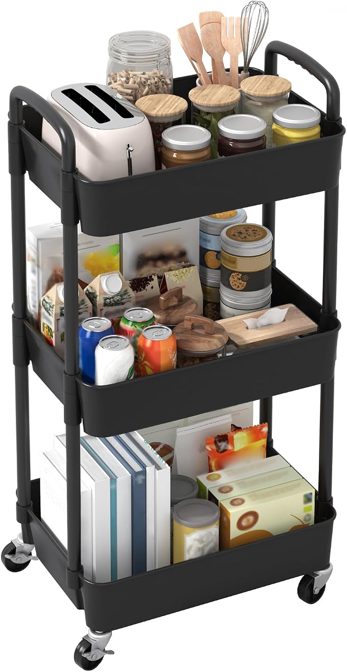 Sywhitta 3-Tier Plastic Rolling Utility Cart with Wheels for Storage,Black | Multi-Functional Storage Trolley, for Office, Living Room, Kitchen, Bathroom,Movable Organizer,Space-Saving,Easy to assemble - Image 8