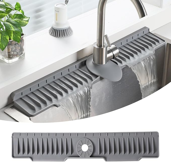 24" Silicone Sink Mat for Kitchen(Released in 2026), 2 PCS Grey | 8° Slope for Quick Self-draining, Sink Splash Guard Behind the Faucet, Narrow Water Splash Guard, for Kitchen&Bathroom Area by Unknown