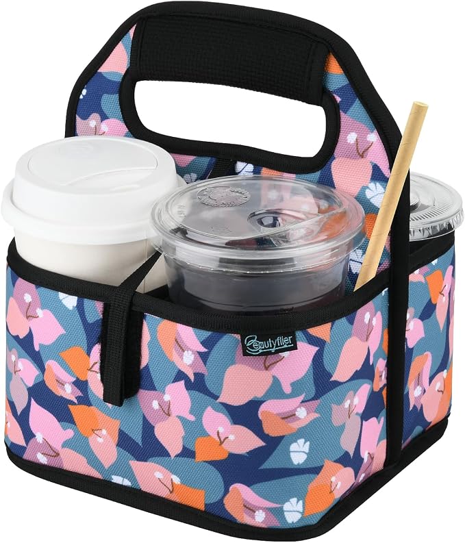 Beautyflier Reusable Insulated Coffee Cup Carrier, Portable Drink Holder with Handle Organizer Tote Bag for Hot & Cold Drinks (Bougainvillea) by Beautyflier