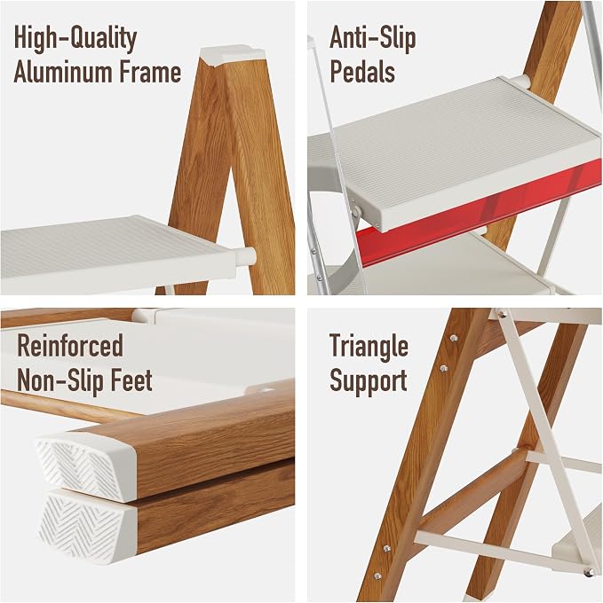 Mayi Plus 3 Step Stool Foldable, Aluminum, Lightweight Step Ladder | Extra-wide anti-slip folding steps with 330 lbs, for home,kitchen,office,outdoor,White & Woodgrain. - Image 7