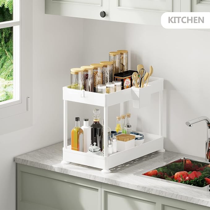 Under Sink Organizers and Storage | Bathroom Cabinet Organizer, Sink Shelf with Utility Hooks and Side Caddy for Under Cabinet Storage | Non Slip Grip Under Kitchen Sink Organizer, White (1-Pack) - Image 4