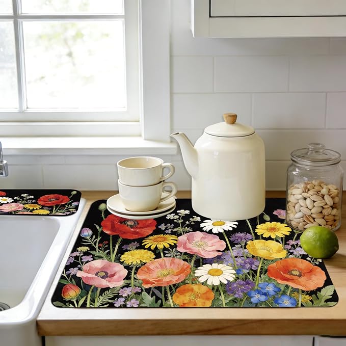 3 Pcs 2 Size Kitchen Sink Splash Guard Faucet Mat Wildflower Pattern Faucet Mats for Sinks Colorful Flower Absorbing Drying Mat for Kitchen Bathroom - Image 5
