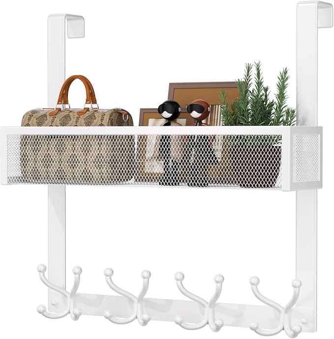 Consumest Over The Door Hooks Organizer - 2 Tier Over Door Hanger with 16 Hooks & 2 Baskets for Hanging Coat, Clothing, Towel, Back Storage for Bathroom, Closet, College Dorm, White by Consumest