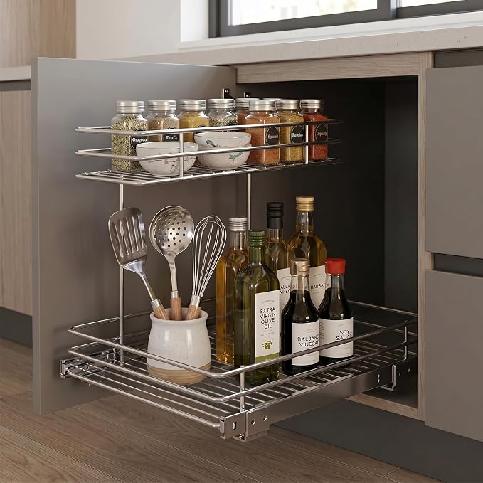 Hicarer 2 Tier Pull out Metal Under Sink Cabinet Organizer 12.6"W x 16.54"D | Metal Sliding Drawer Shelf Storage Rack Organization for Kitchen Cabinets, Pantry, Laundry, Bathroom, Chrome Finish - Image 4