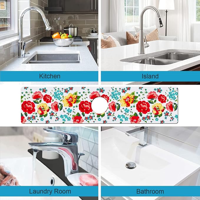 Kitchen Sink Splash Guard Faucet Mat Super Absorbent Fast Drying Mat Sink Gadgets Splash Guard Behind Faucet Drip Catcher for Kitchen (Beautiful Flower, 23.5x5.5in) - Image 4