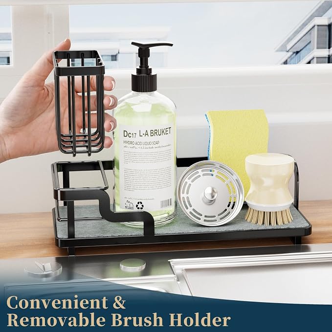 Consumest Sponge Holder for Kitchen Sink - Sink Caddy Organizer with Water Absorbing Stone Tray, Detachable Brush Holder, Stainless Steel Kitchen Counter Organizer Rack, Black - Image 3