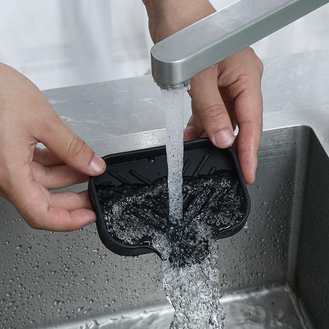 MicoYang Silicone Soap Dish with Drain Spout, Self-Draining Sink Organizer Tray for Bathroom and Kitchen, Sponges, Dispensers and Soap Holder, Non-Slip and Dishwasher Safe, Black (Compact, 4.9"×3.2") - Image 9