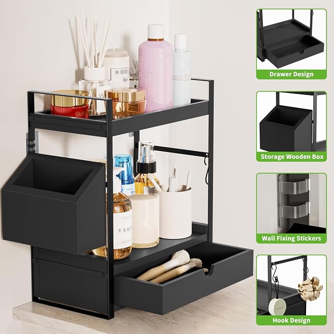 2-Tier Bathroom Counter Organizer, Wooden Vanity Shelf with Drawer & Basket | Pre-Drilled Holes, Skincare & Makeup Countertop Organizer and storage, Black - Image 3